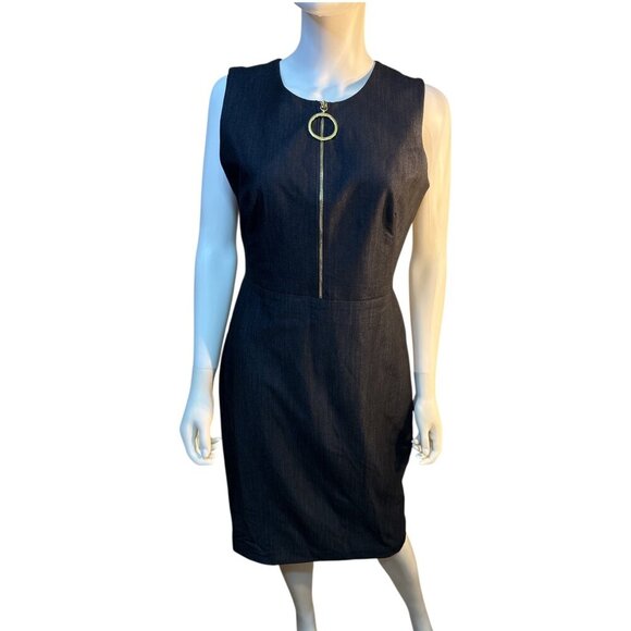Calvin Klein Sheath Dress Size Navy Gold Zipper Front and Zipper Back Sz 8 EUC - Picture 1 of 6